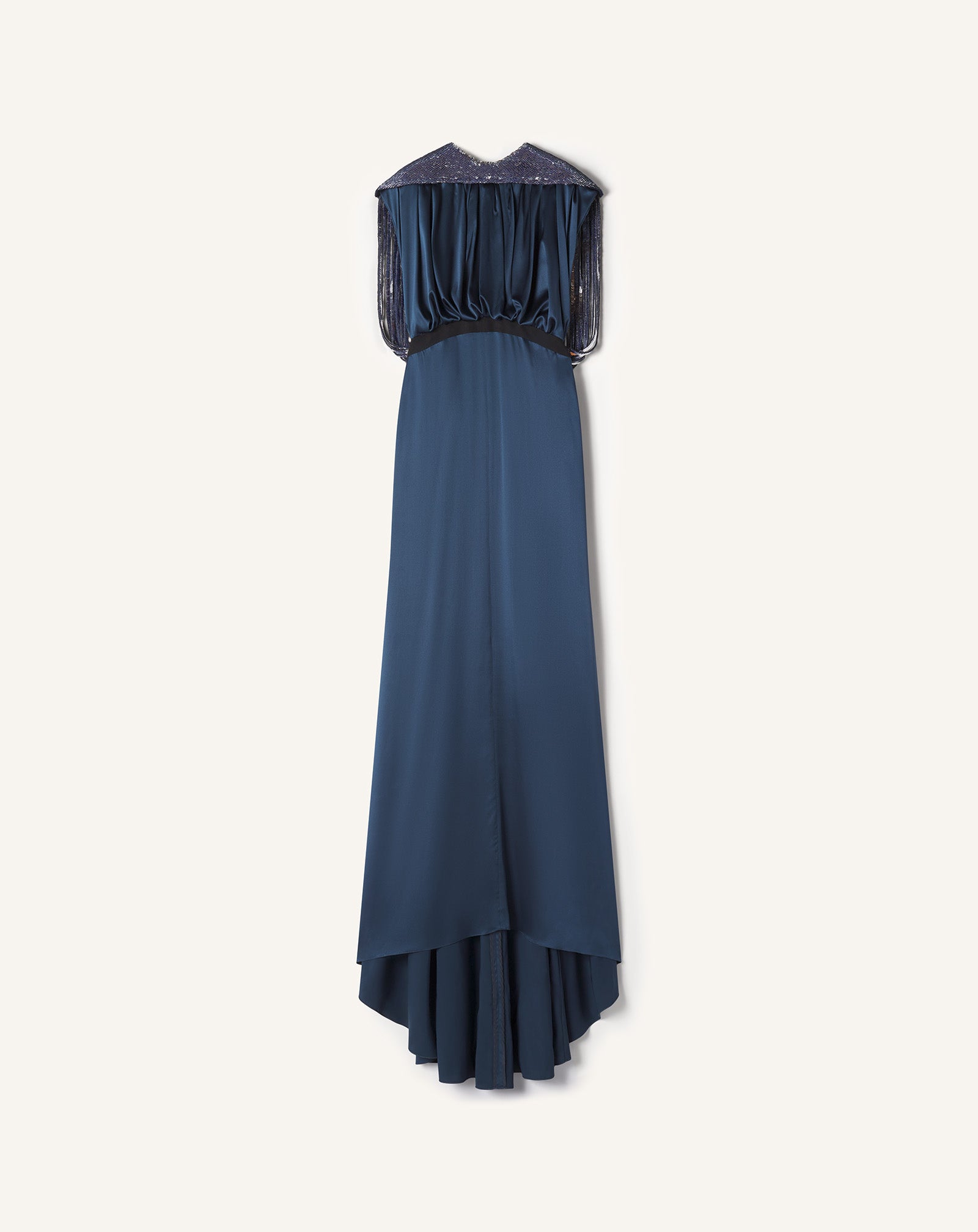 EMBROIDERED BACK DRESS IN SILK SATIN