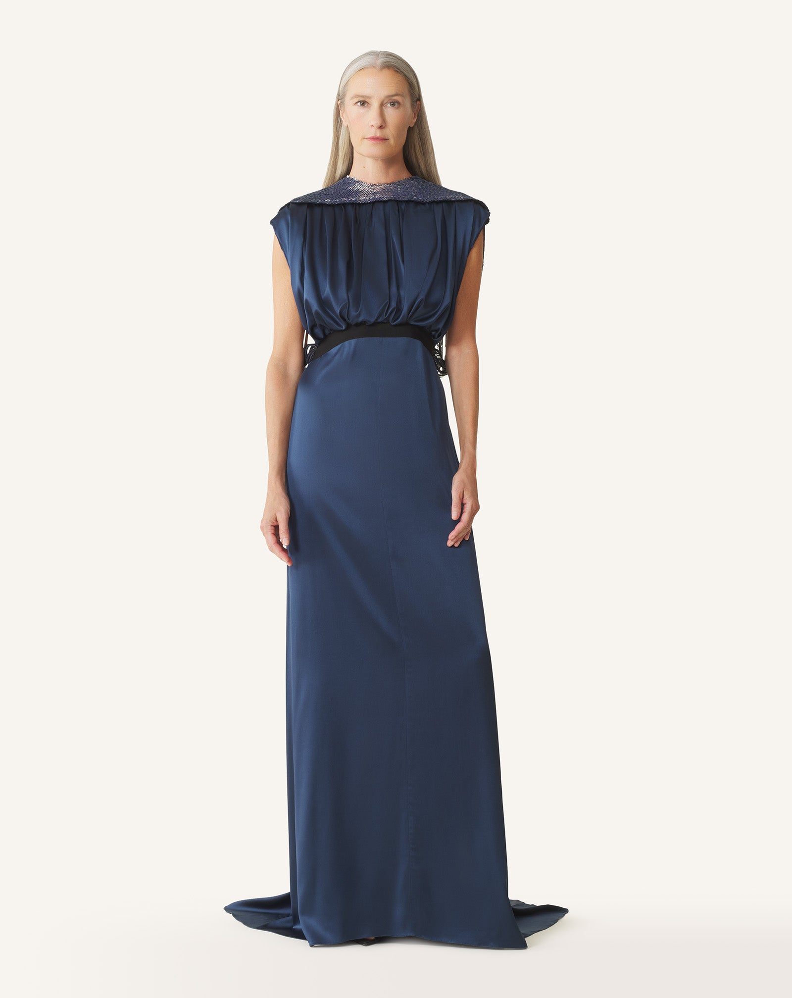 EMBROIDERED BACK DRESS IN SILK SATIN
