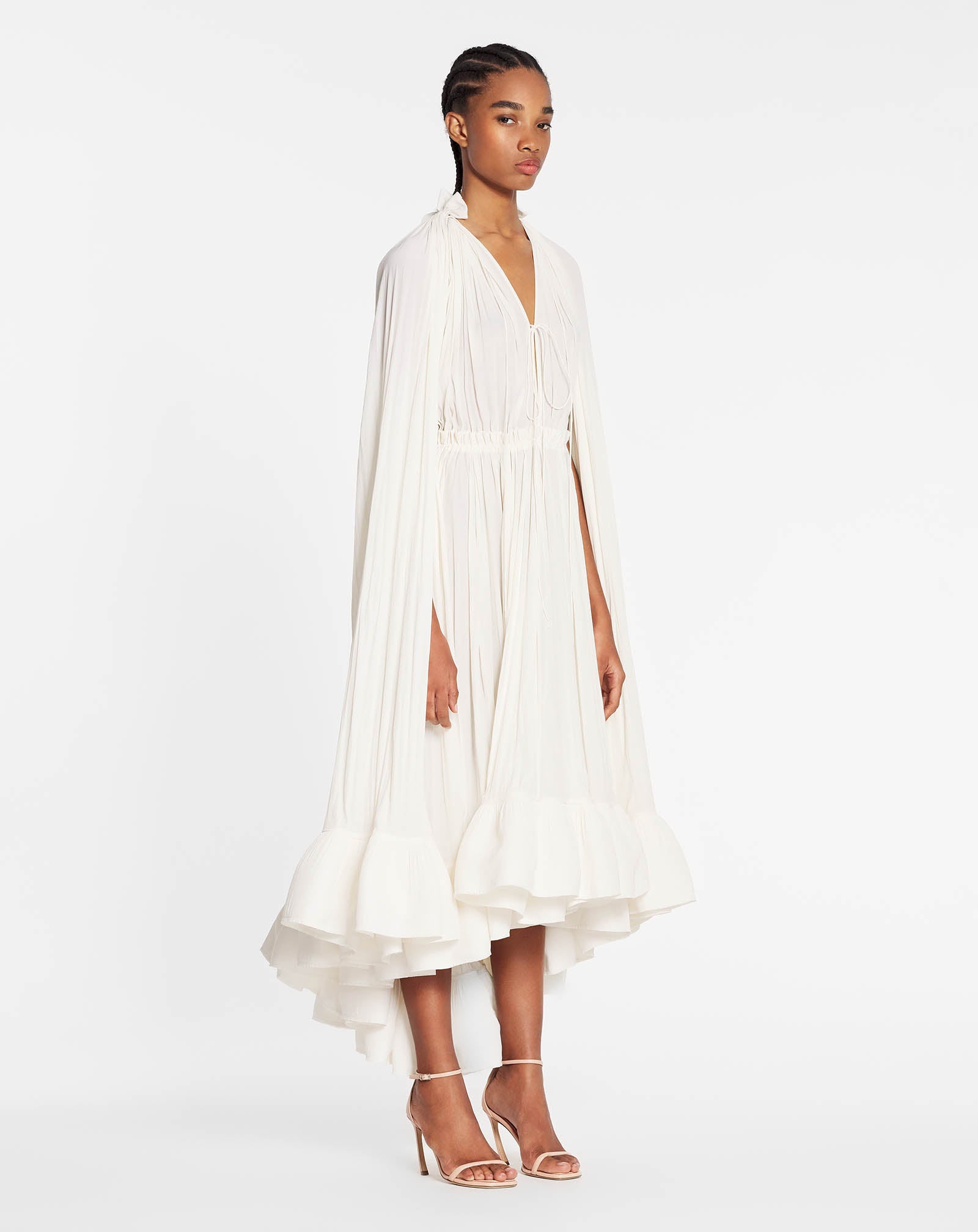 LONG CHARMEUSE RUFFLE DRESS