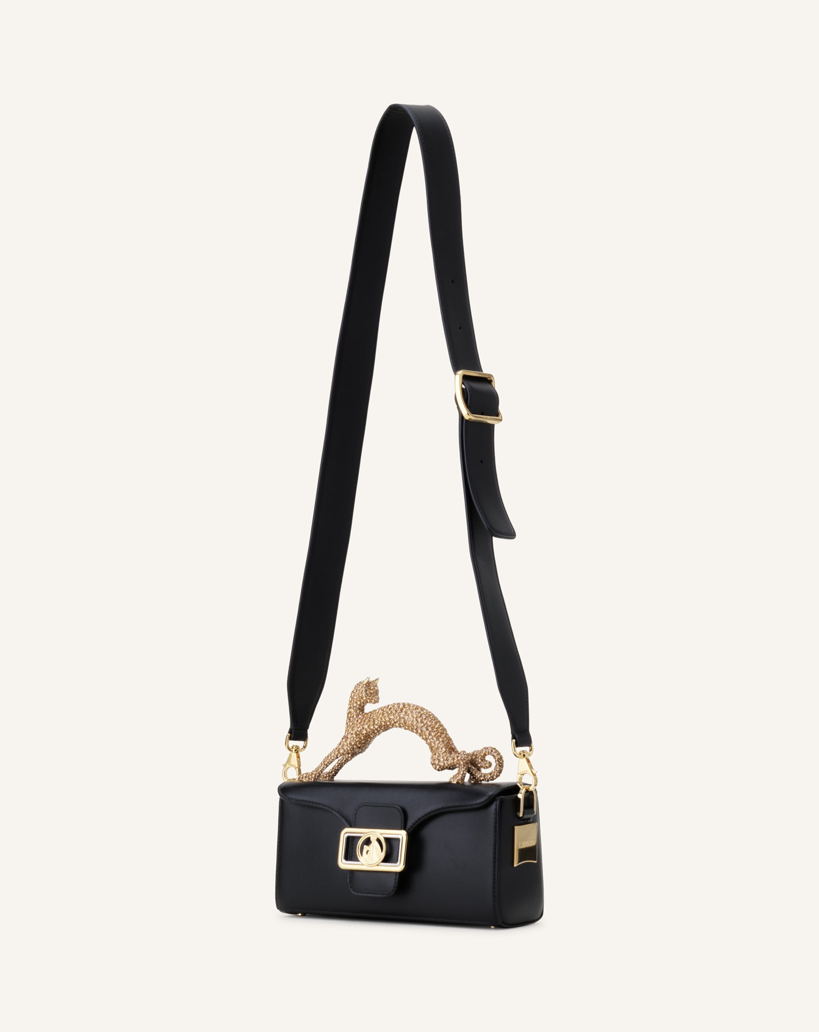 BLACK LEATHER NANO PENCIL CAT BAG WITH RHINESTONES