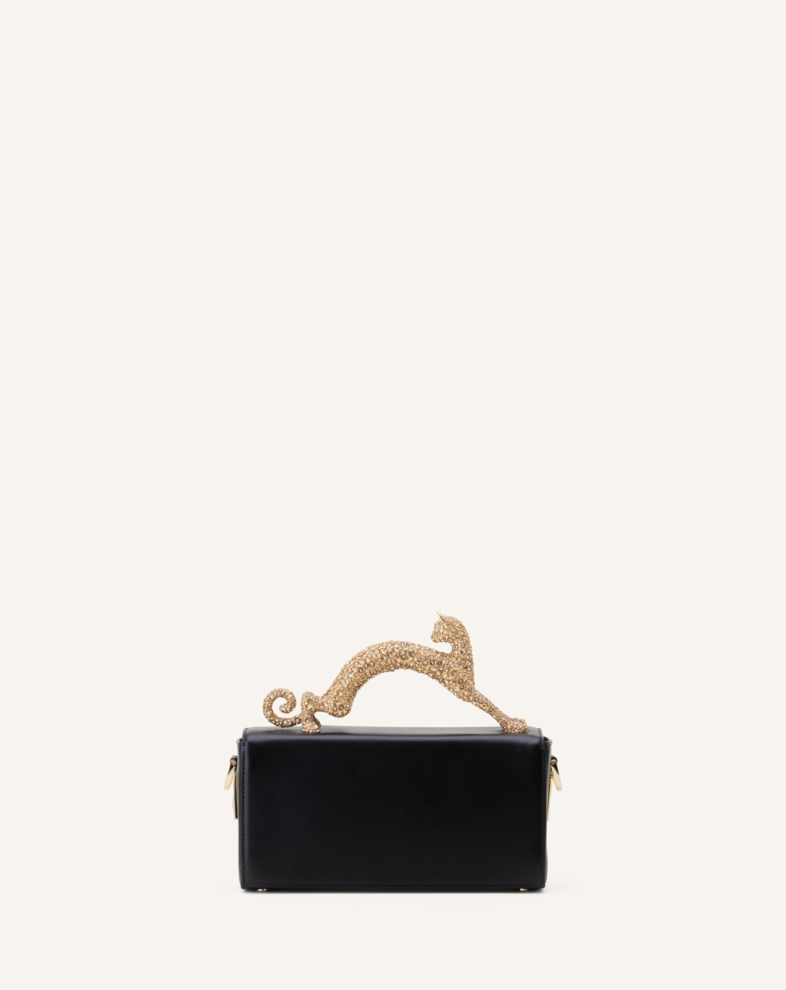 BLACK LEATHER NANO PENCIL CAT BAG WITH RHINESTONES