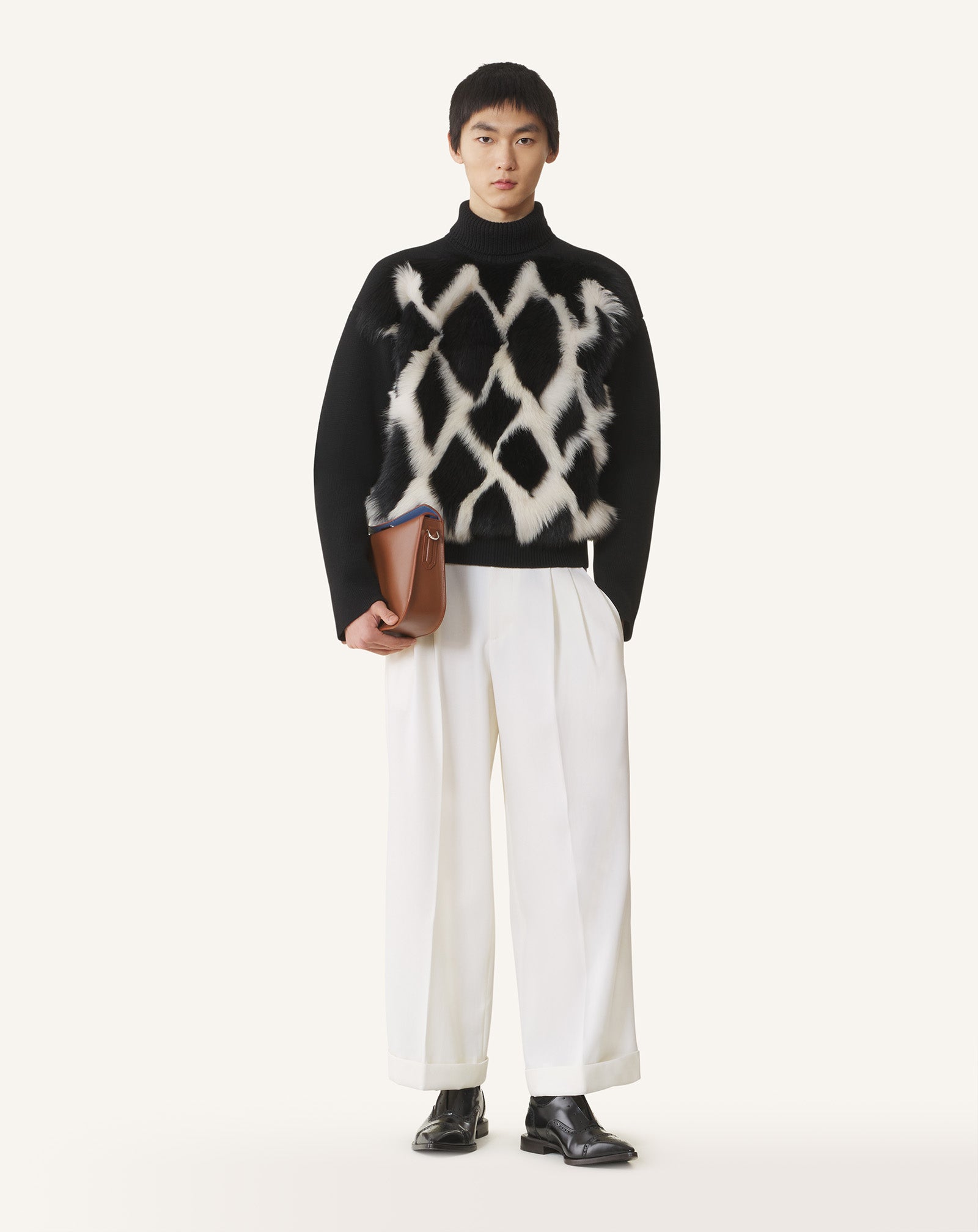 WOOL AND LEATHER INTARSIA TURTLENECK SWEATER