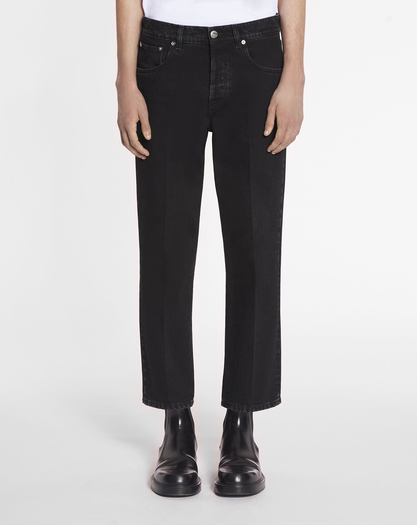 STRAIGHT LEATHER PATCH PANTS IN DENIM