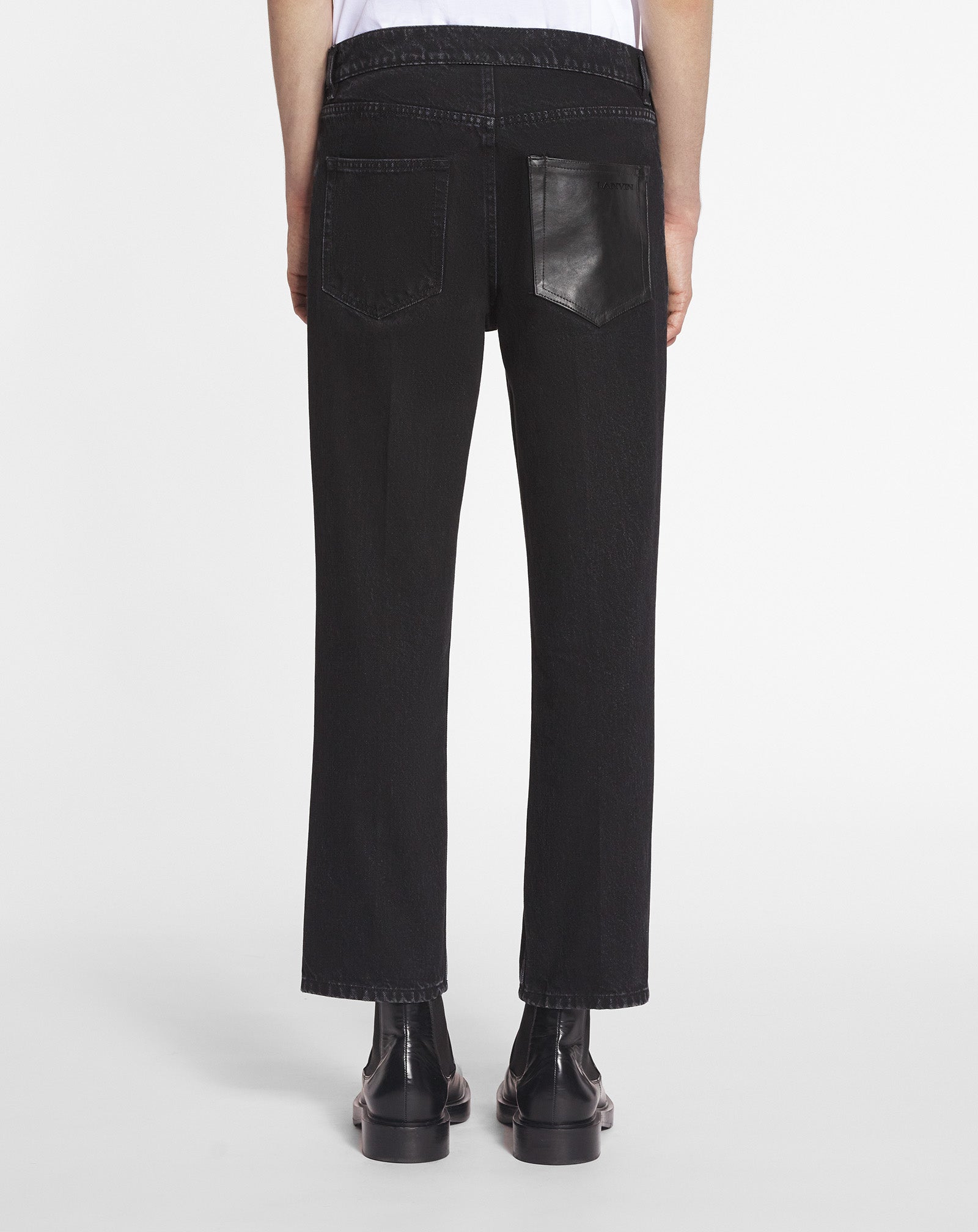 STRAIGHT LEATHER PATCH PANTS IN DENIM