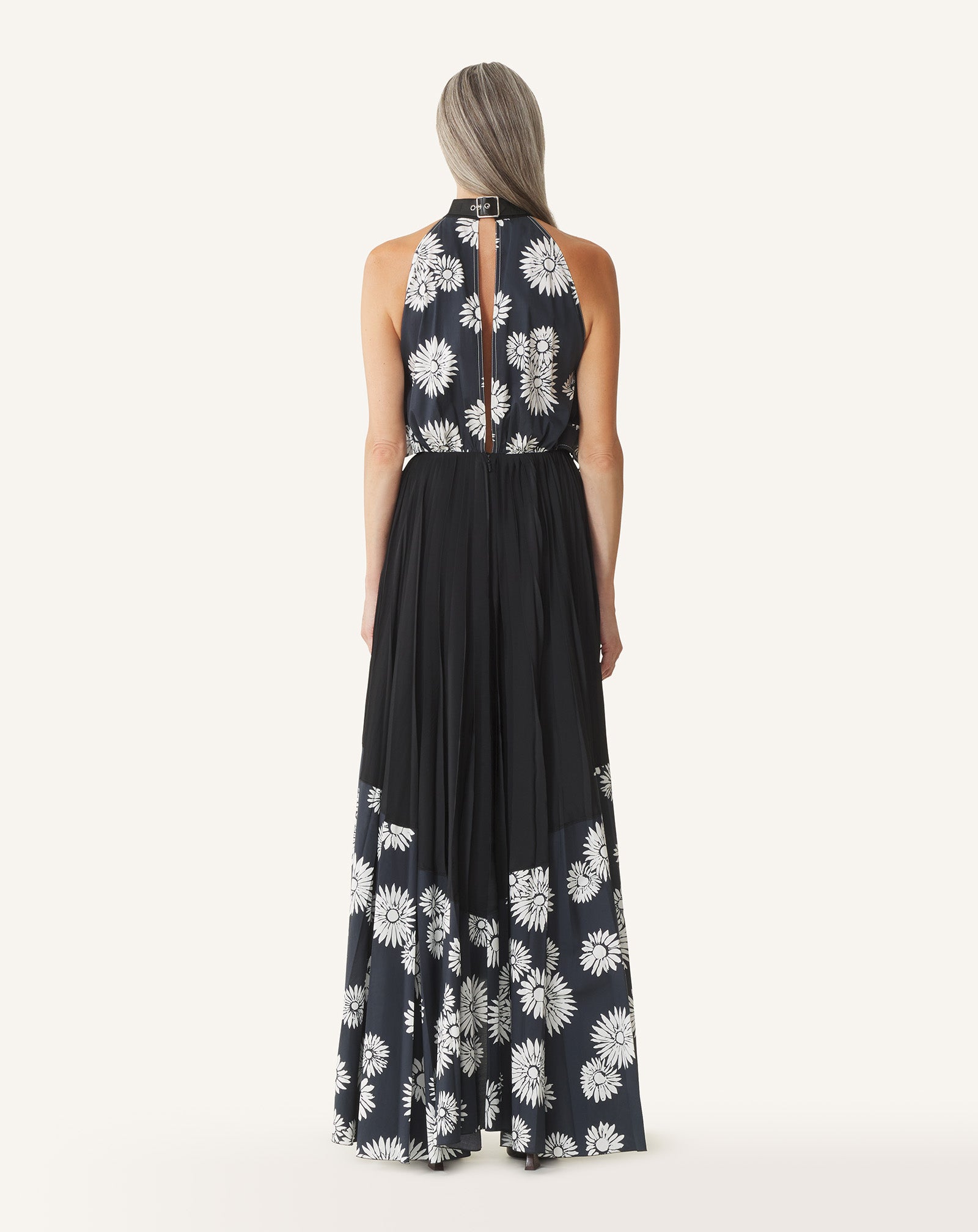 BLACK PLEATED DRESS IN CHARMEUSE AND PRINTED COTTON
