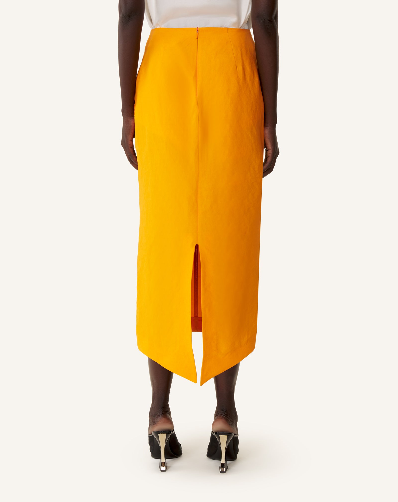 ORANGE ASYMMETRICAL MIDI SKIRT IN PAPER AND VISCOSE