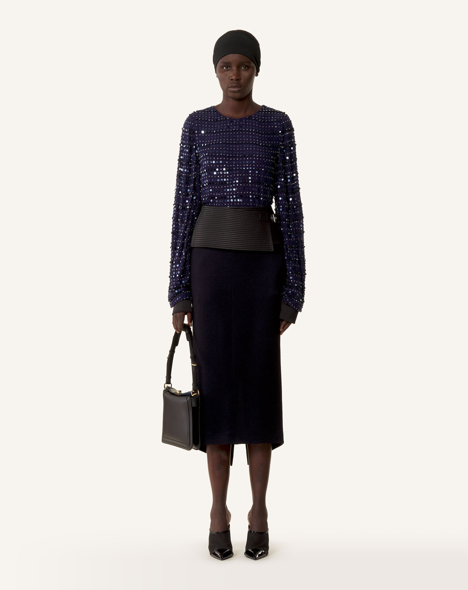 BLUE EMBROIDERED LONG SLEEVED SILK TOP